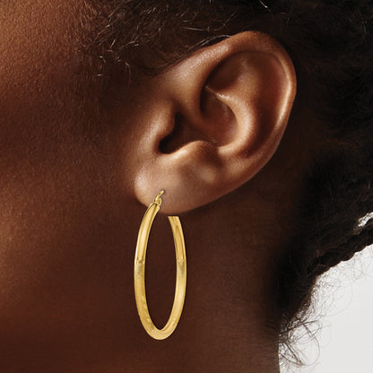 14k 2.5x30mm Satin Diamond-cut Round Tube Hoop Earrings