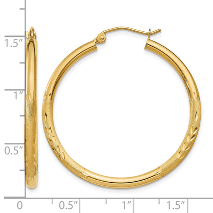 14k 2.5x30mm Satin Diamond-cut Round Tube Hoop Earrings