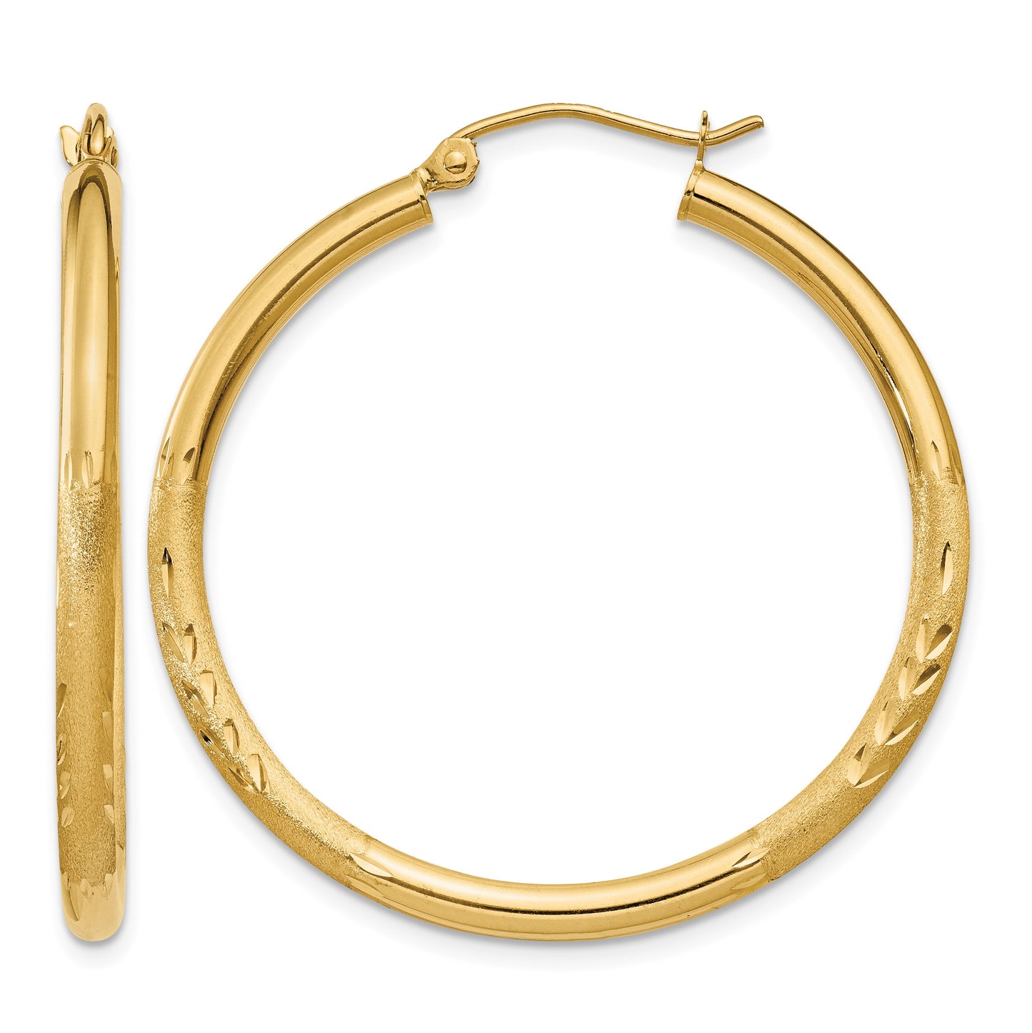 14k 2.5x30mm Satin Diamond-cut Round Tube Hoop Earrings