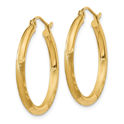 14k 2.5x24mm Satin Diamond-cut Round Tube Hoop Earrings