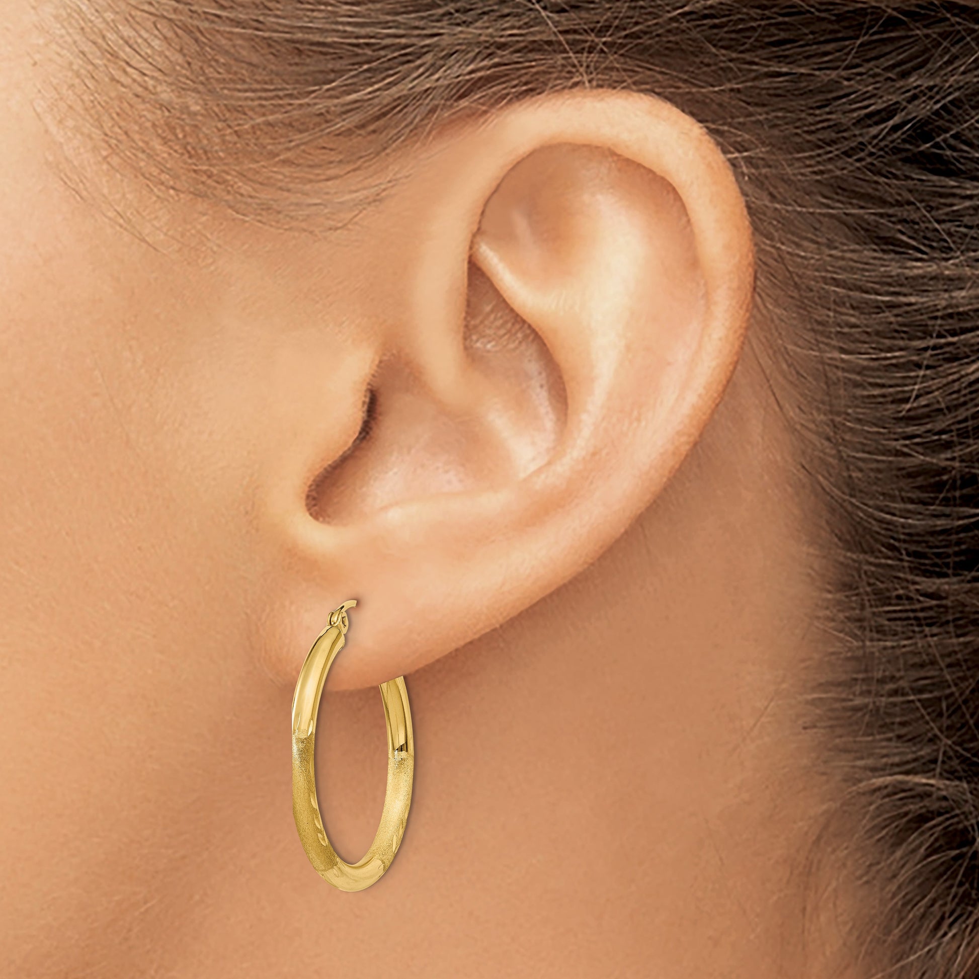 14k 2.5x24mm Satin Diamond-cut Round Tube Hoop Earrings