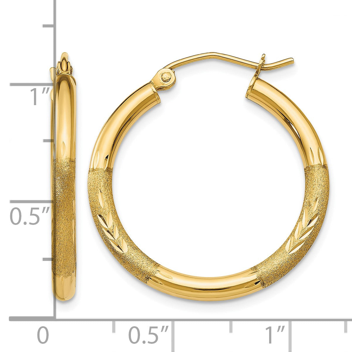 14k 2.5x24mm Satin Diamond-cut Round Tube Hoop Earrings