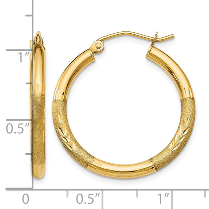 14k 2.5x24mm Satin Diamond-cut Round Tube Hoop Earrings