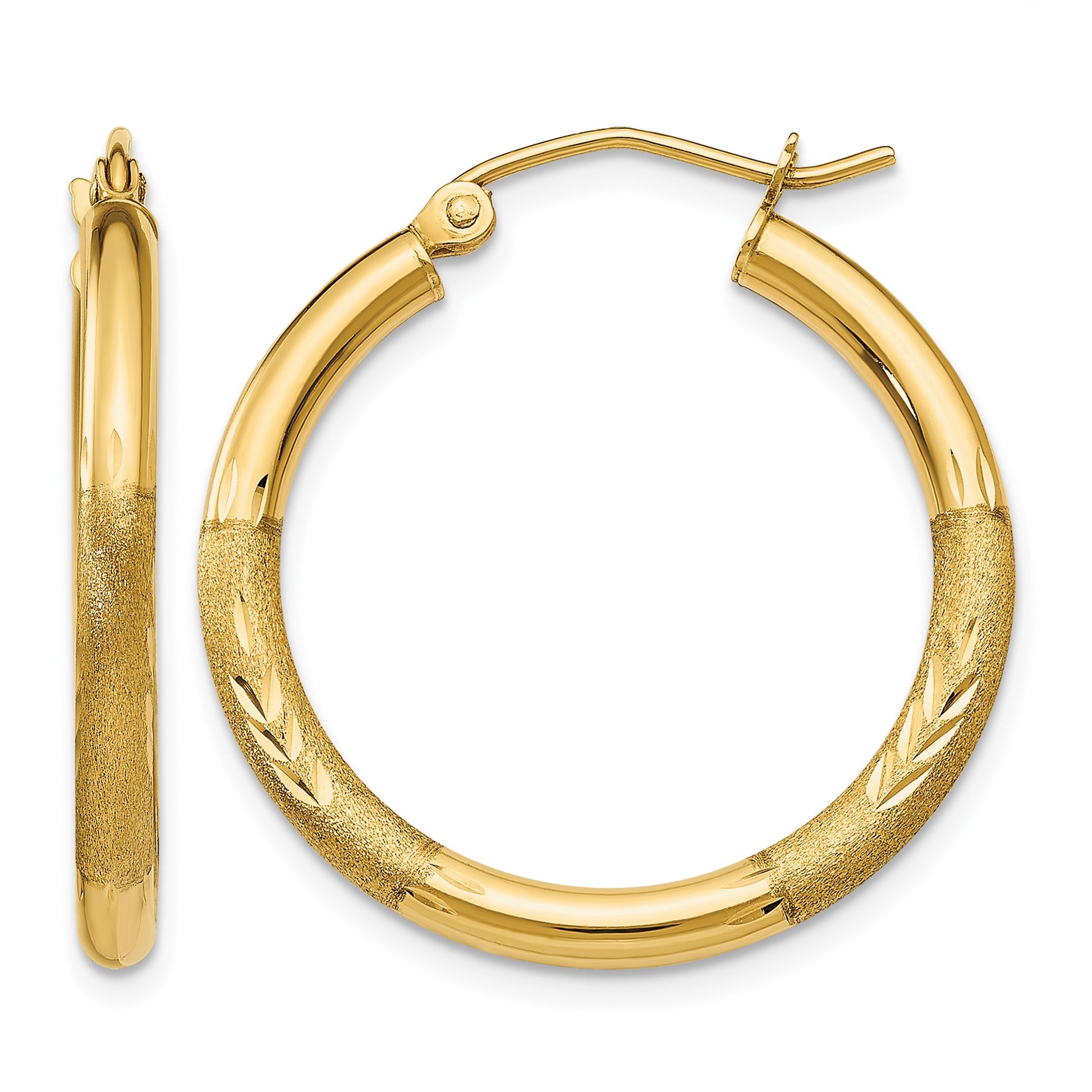 14k 2.5x24mm Satin Diamond-cut Round Tube Hoop Earrings