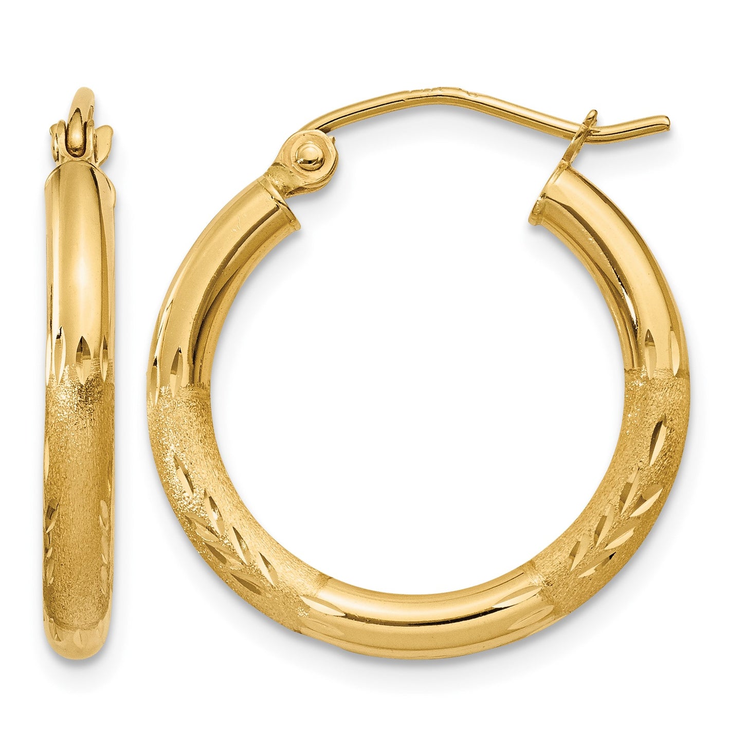 14k 2.5x20mm Satin Diamond-cut Round Tube Hoop Earrings