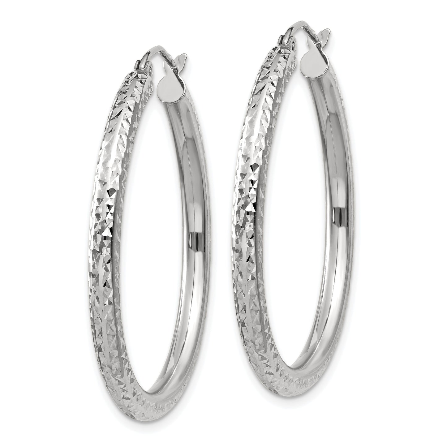 14k White Gold 3x35mm Diamond-cut Round Tube Hoop Earrings
