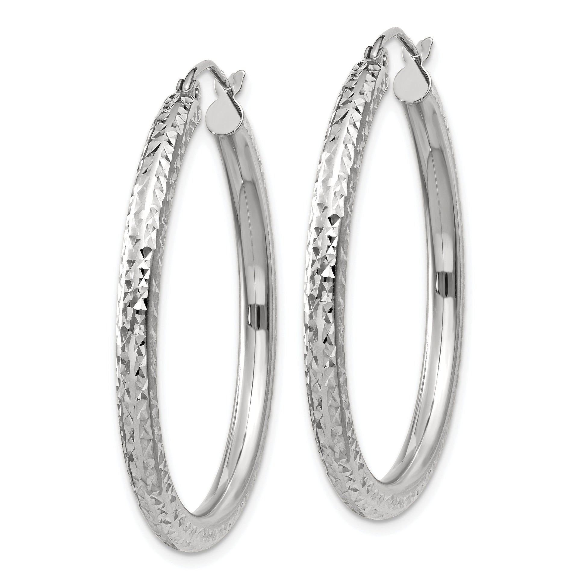 14k White Gold 3x35mm Diamond-cut Round Tube Hoop Earrings