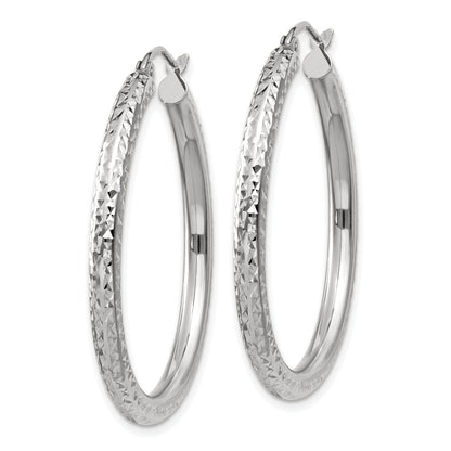 14k White Gold 3x35mm Diamond-cut Round Tube Hoop Earrings