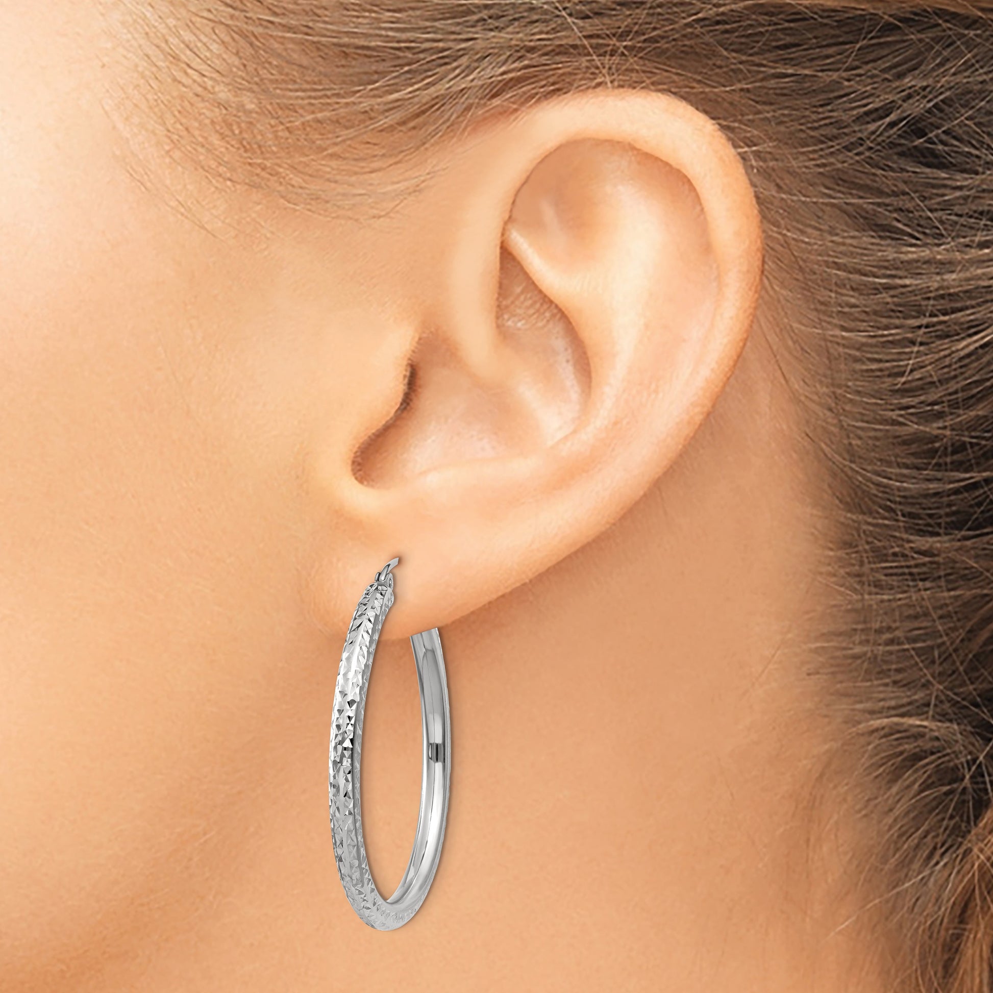 14k White Gold 3x35mm Diamond-cut Round Tube Hoop Earrings