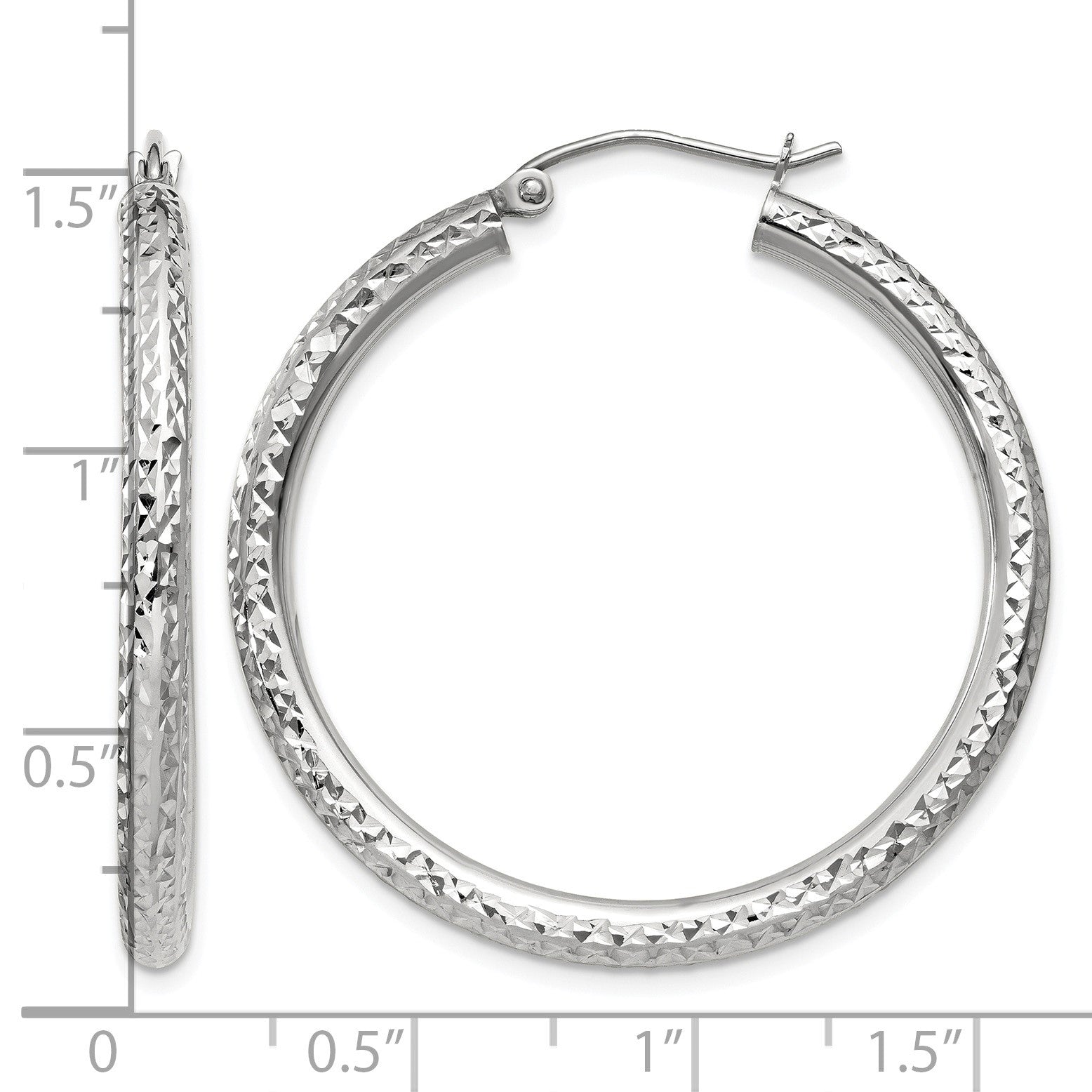 14k White Gold 3x35mm Diamond-cut Round Tube Hoop Earrings