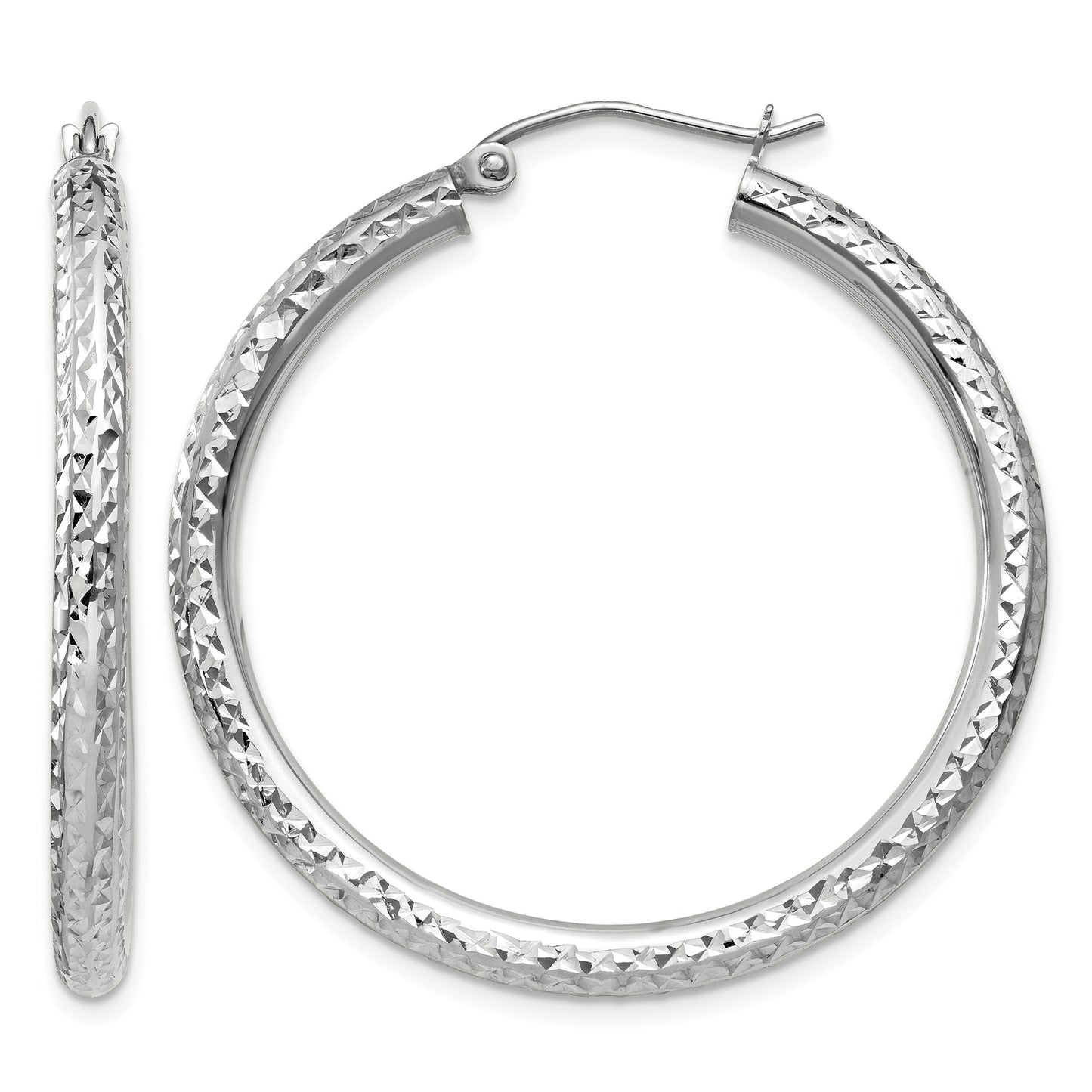 14k White Gold 3x35mm Diamond-cut Round Tube Hoop Earrings