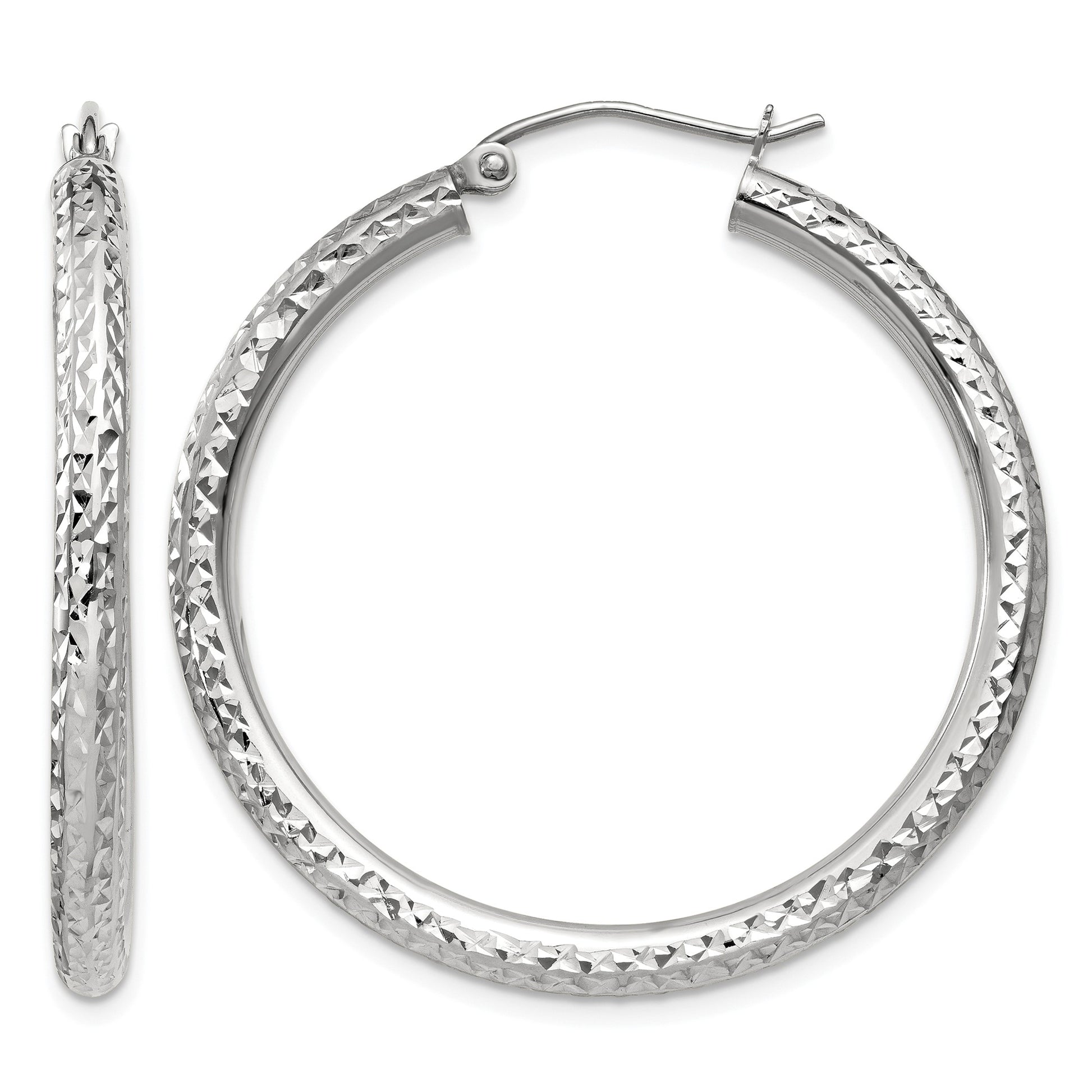 14k White Gold 3x35mm Diamond-cut Round Tube Hoop Earrings