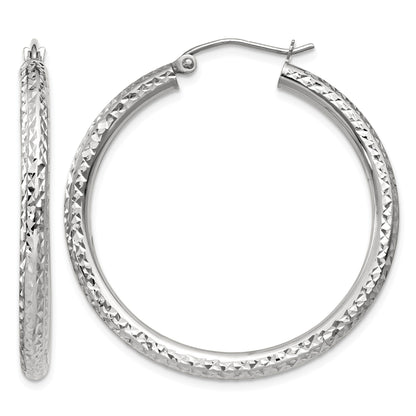 14k White Gold 3x35mm Diamond-cut Round Tube Hoop Earrings