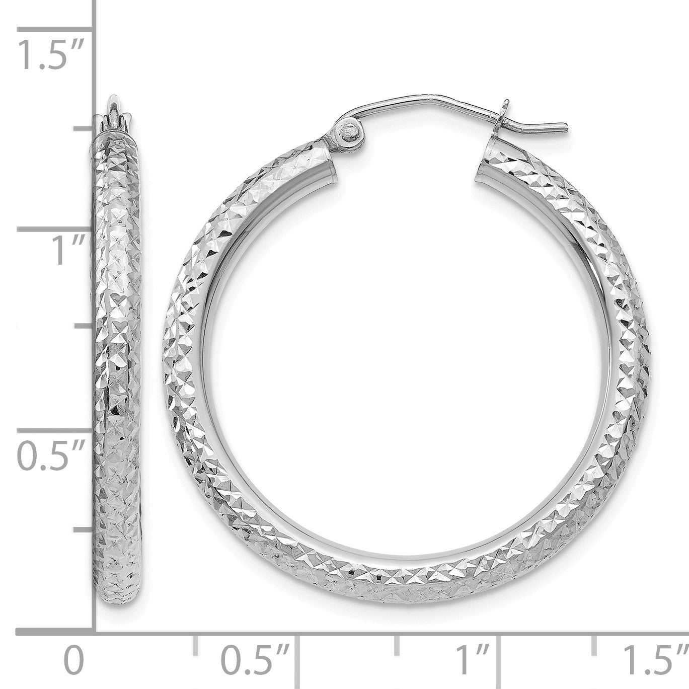 14k White Gold 3x30mm Diamond-cut Round Tube Hoop Earrings