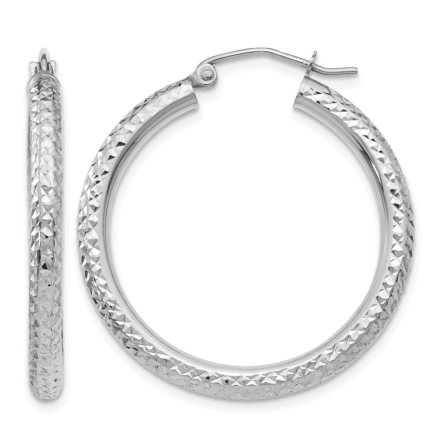 14k White Gold 3x30mm Diamond-cut Round Tube Hoop Earrings