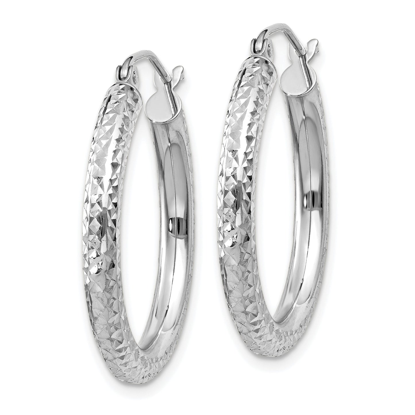 14k White Gold 3x25mm Diamond-cut Round Tube Hoop Earrings