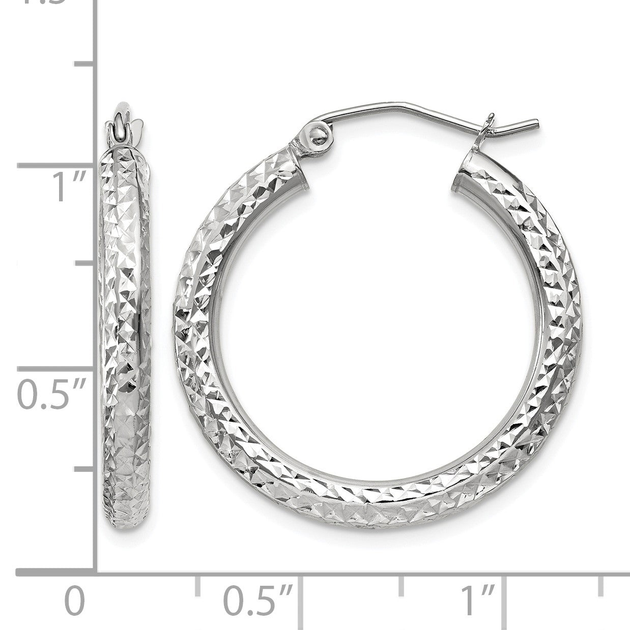 14k White Gold 3x25mm Diamond-cut Round Tube Hoop Earrings