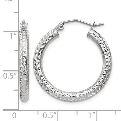 14k White Gold 3x25mm Diamond-cut Round Tube Hoop Earrings
