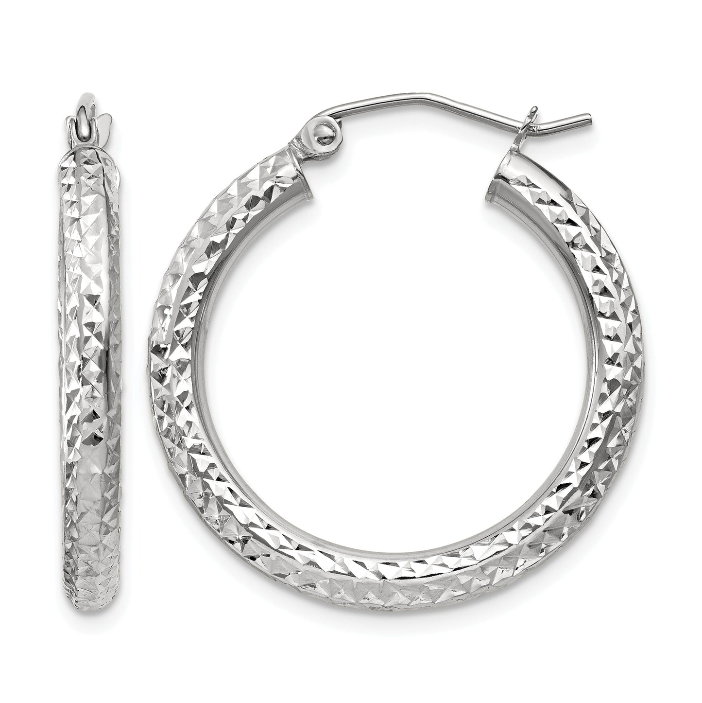 14k White Gold 3x25mm Diamond-cut Round Tube Hoop Earrings