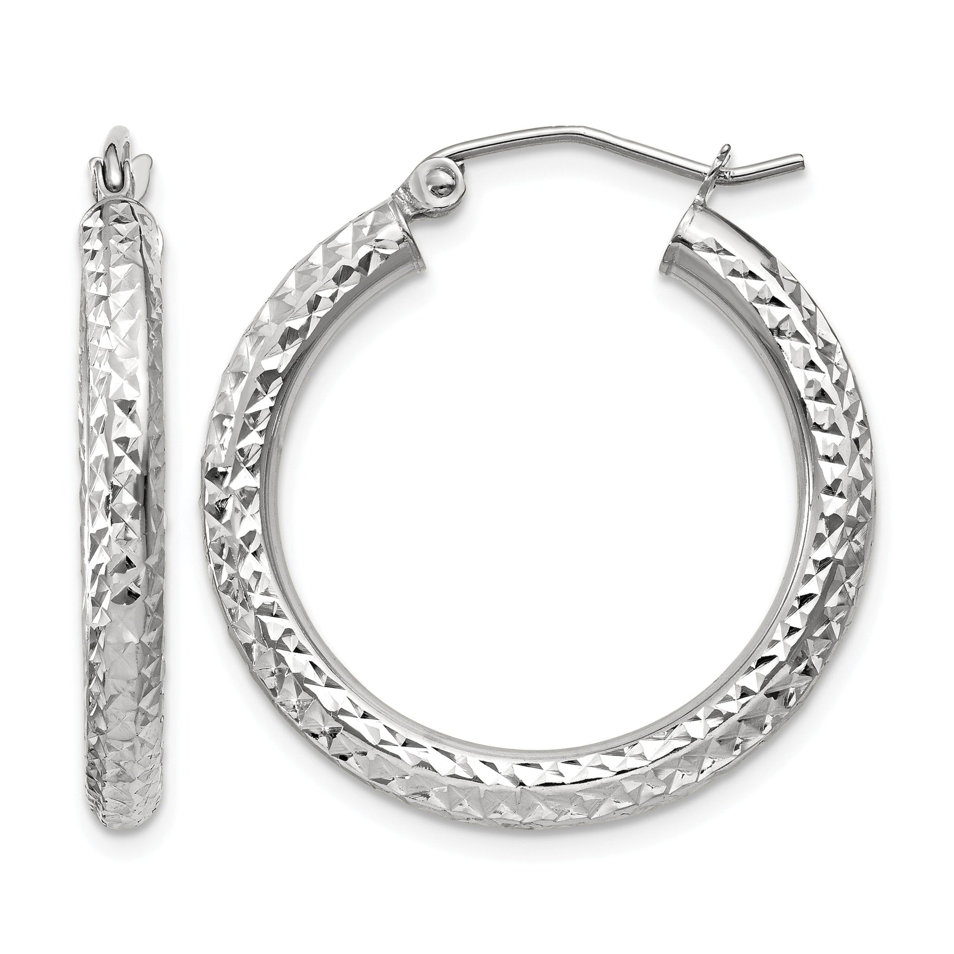 14k White Gold 3x25mm Diamond-cut Round Tube Hoop Earrings