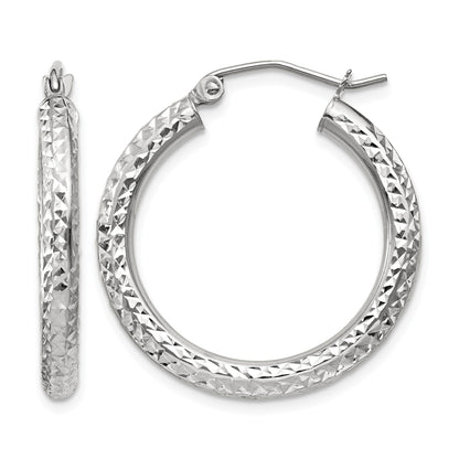 14k White Gold 3x25mm Diamond-cut Round Tube Hoop Earrings
