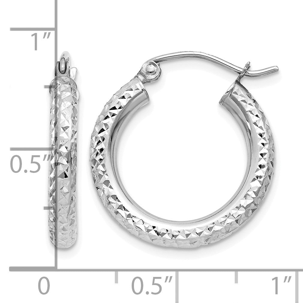 14k White Gold 3x20mm Diamond-cut Round Tube Hoop Earrings