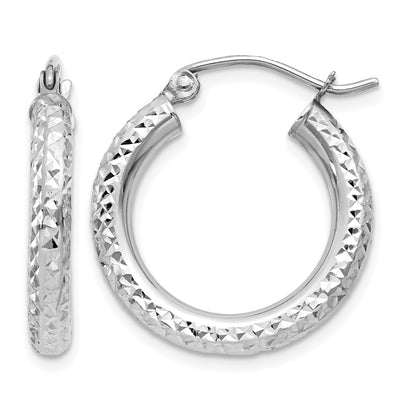 14k White Gold 3x20mm Diamond-cut Round Tube Hoop Earrings