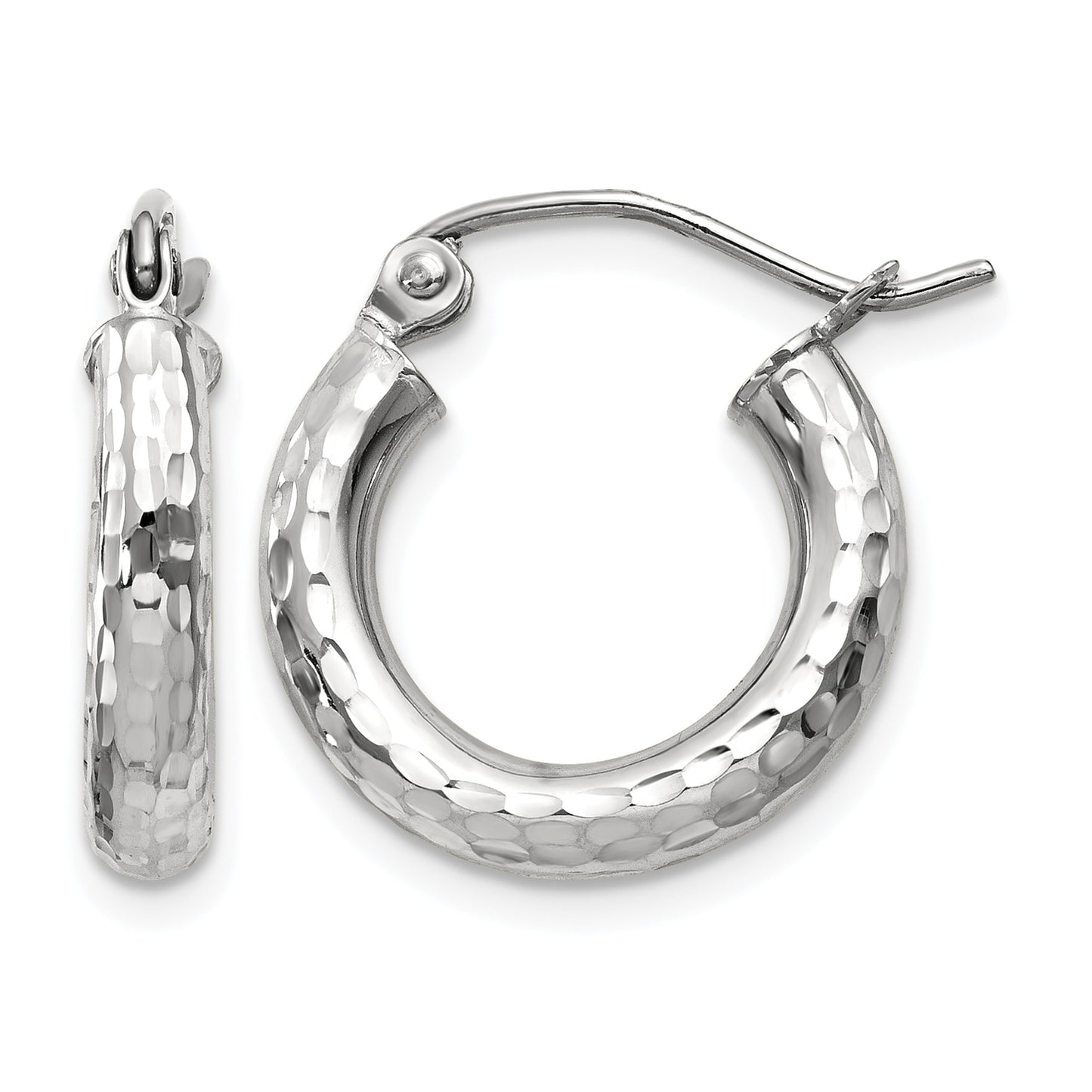 14k White Gold 3x16mm Diamond-cut Round Tube Hoop Earrings