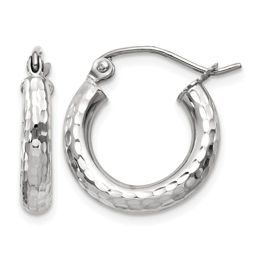 14k White Gold 3x16mm Diamond-cut Round Tube Hoop Earrings