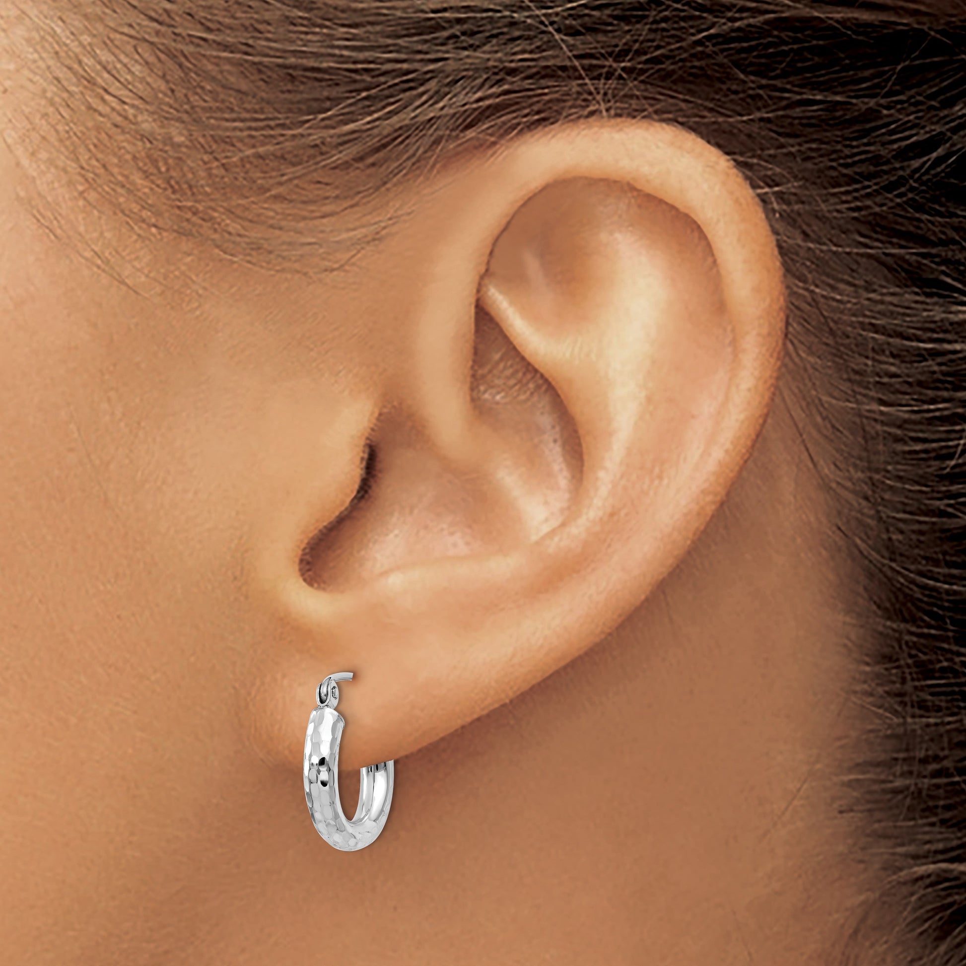 14k White Gold 3x14mm Diamond-cut Round Tube Hoop Earrings