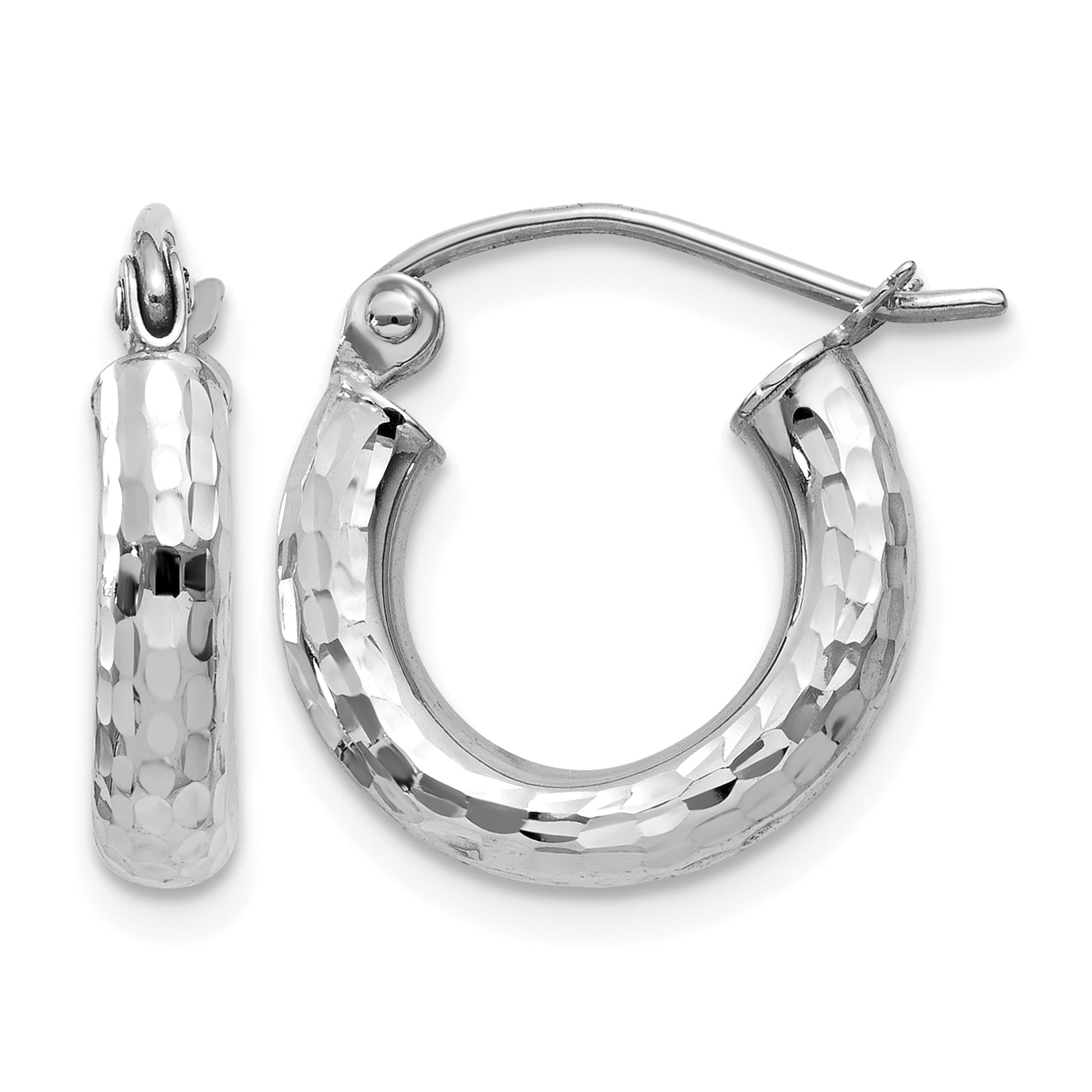 14k White Gold 3x14mm Diamond-cut Round Tube Hoop Earrings