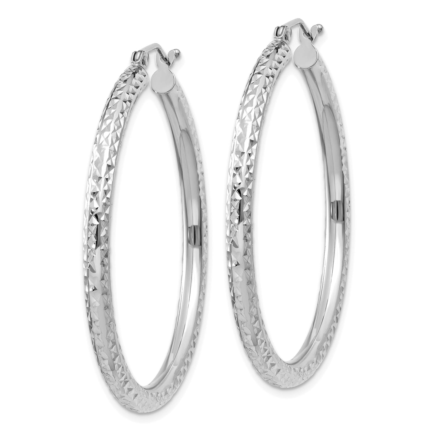 14k White Gold 3x40mm Diamond-cut Round Tube Hoop Earrings