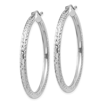 14k White Gold 3x40mm Diamond-cut Round Tube Hoop Earrings