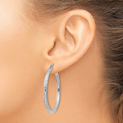 14k White Gold 3x40mm Diamond-cut Round Tube Hoop Earrings