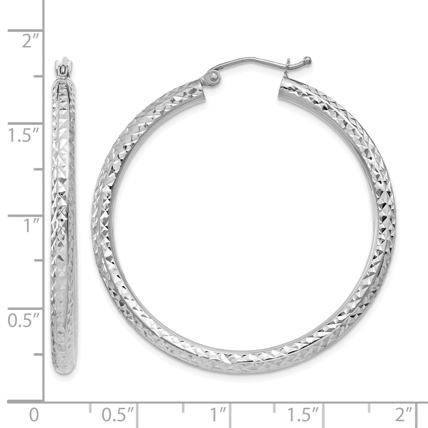 14k White Gold 3x40mm Diamond-cut Round Tube Hoop Earrings