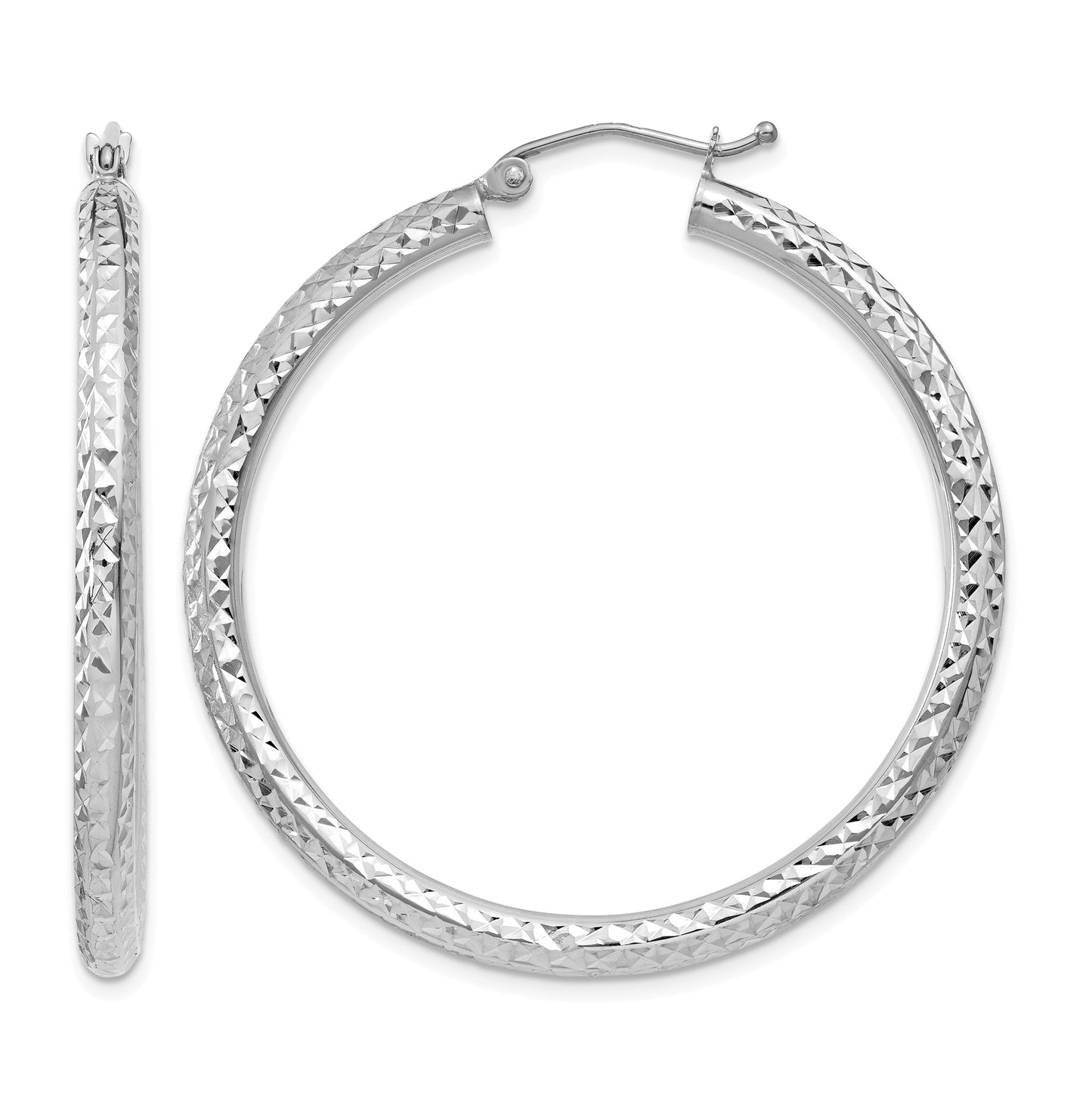 14k White Gold 3x40mm Diamond-cut Round Tube Hoop Earrings