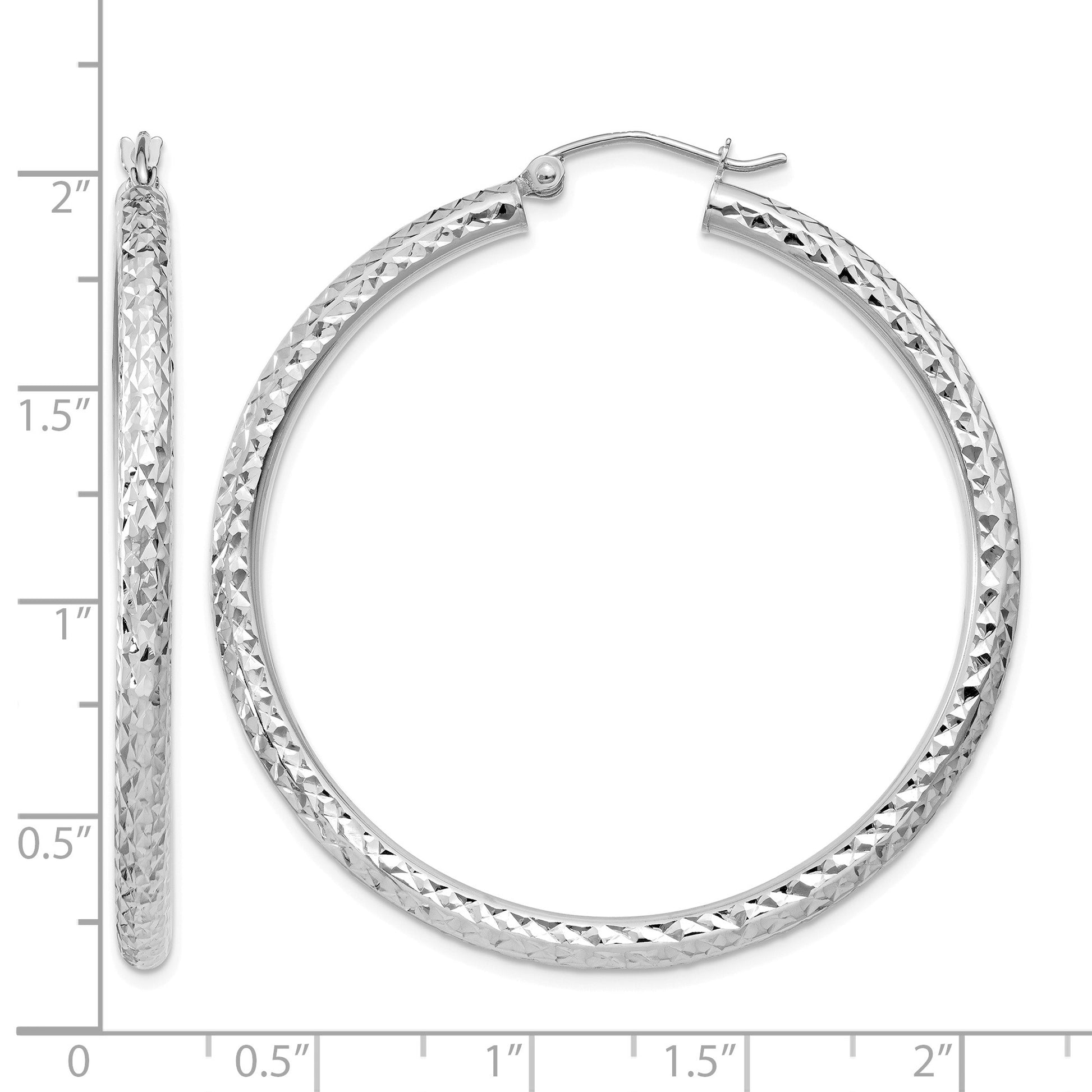 14k White Gold 3x45mm Diamond-cut Round Tube Hoop Earrings