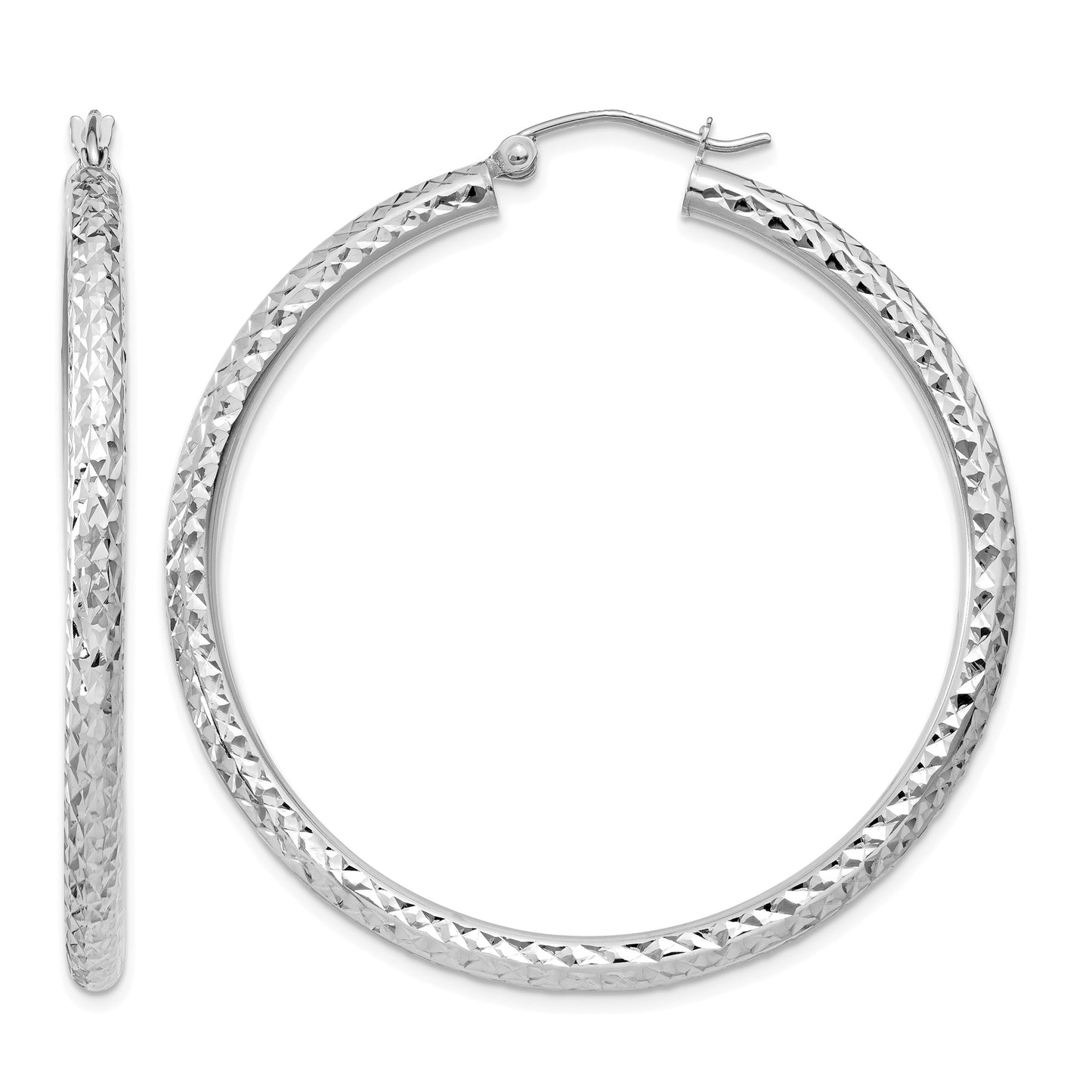 14k White Gold 3x45mm Diamond-cut Round Tube Hoop Earrings