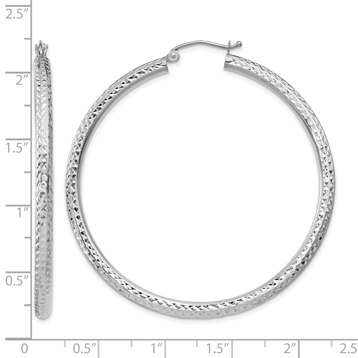 14k White Gold 3x50mm Diamond-cut Round Tube Hoop Earrings