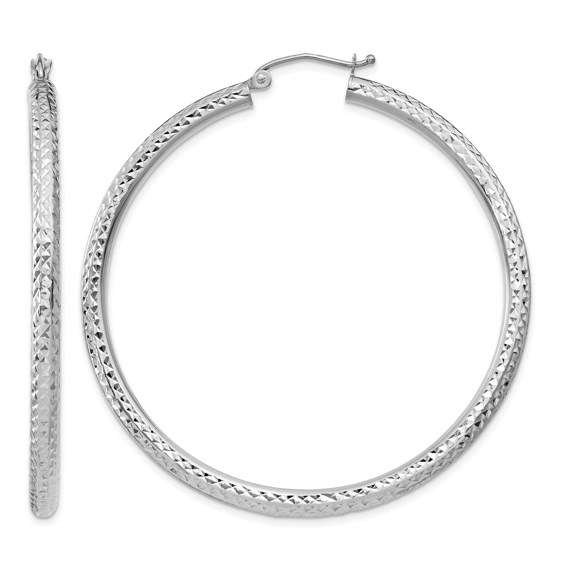 14k White Gold 3x50mm Diamond-cut Round Tube Hoop Earrings