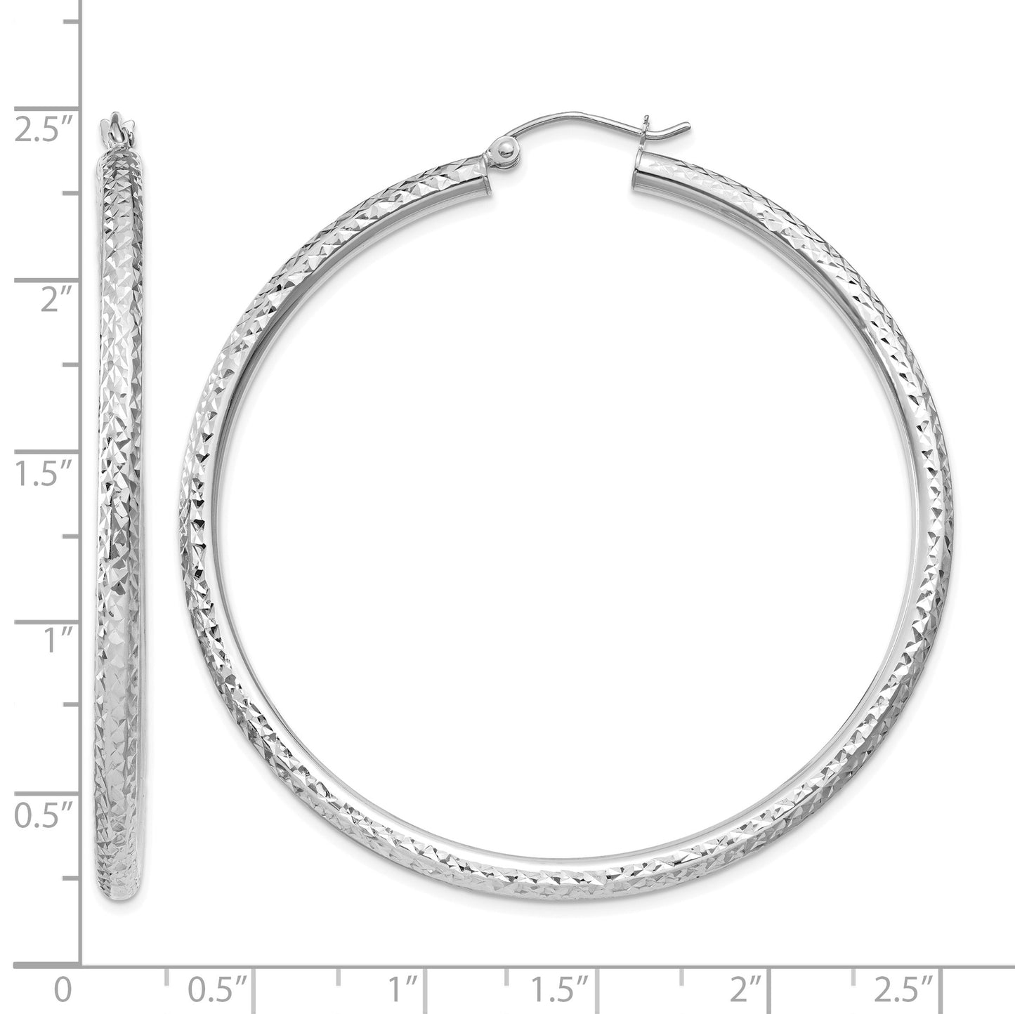 14k White Gold 3x55mm Diamond-cut Round Tube Hoop Earrings