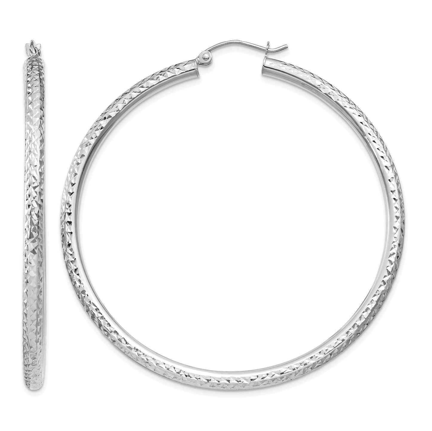 14k White Gold 3x55mm Diamond-cut Round Tube Hoop Earrings