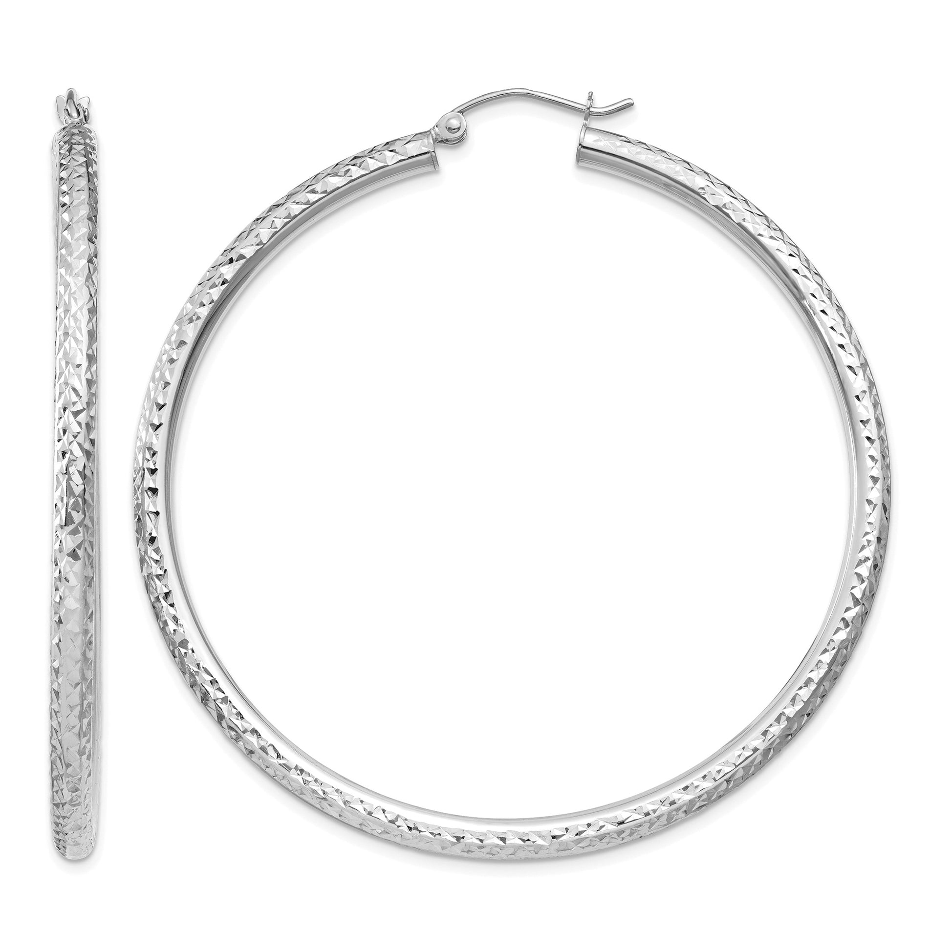 14k White Gold 3x55mm Diamond-cut Round Tube Hoop Earrings