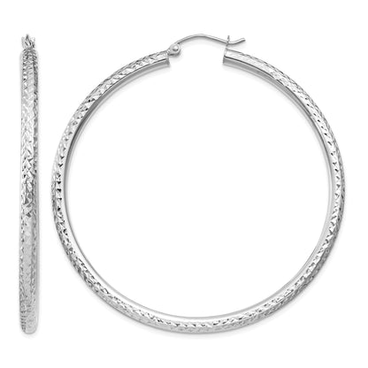 14k White Gold 3x55mm Diamond-cut Round Tube Hoop Earrings