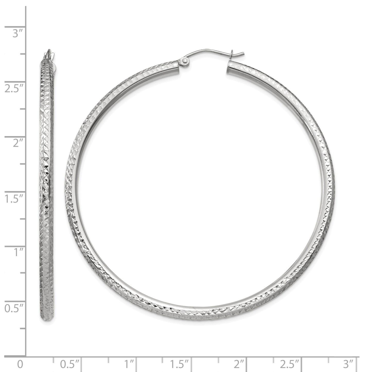 14k White Gold 3x60mm Diamond-cut Round Tube Hoop Earrings