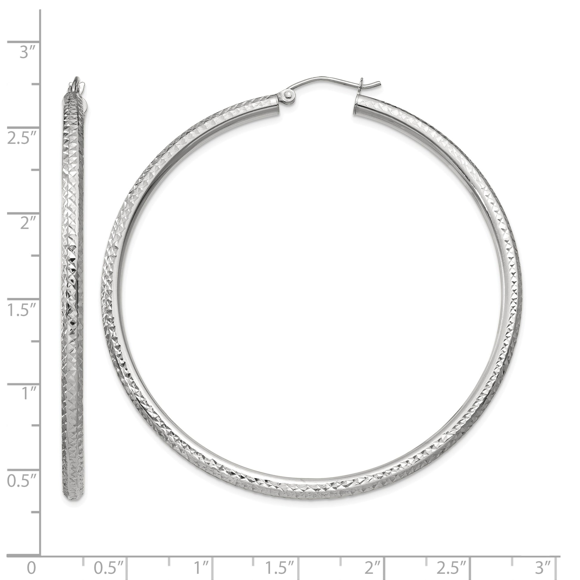 14k White Gold 3x60mm Diamond-cut Round Tube Hoop Earrings