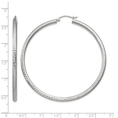 14k White Gold 3x60mm Diamond-cut Round Tube Hoop Earrings