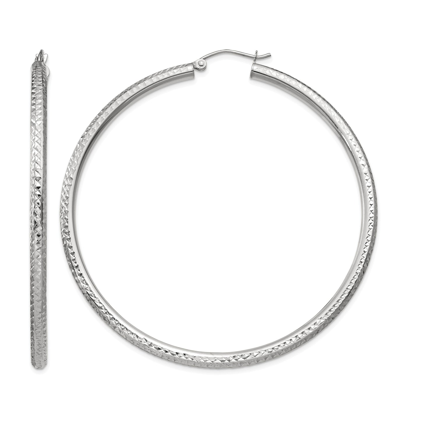 14k White Gold 3x60mm Diamond-cut Round Tube Hoop Earrings