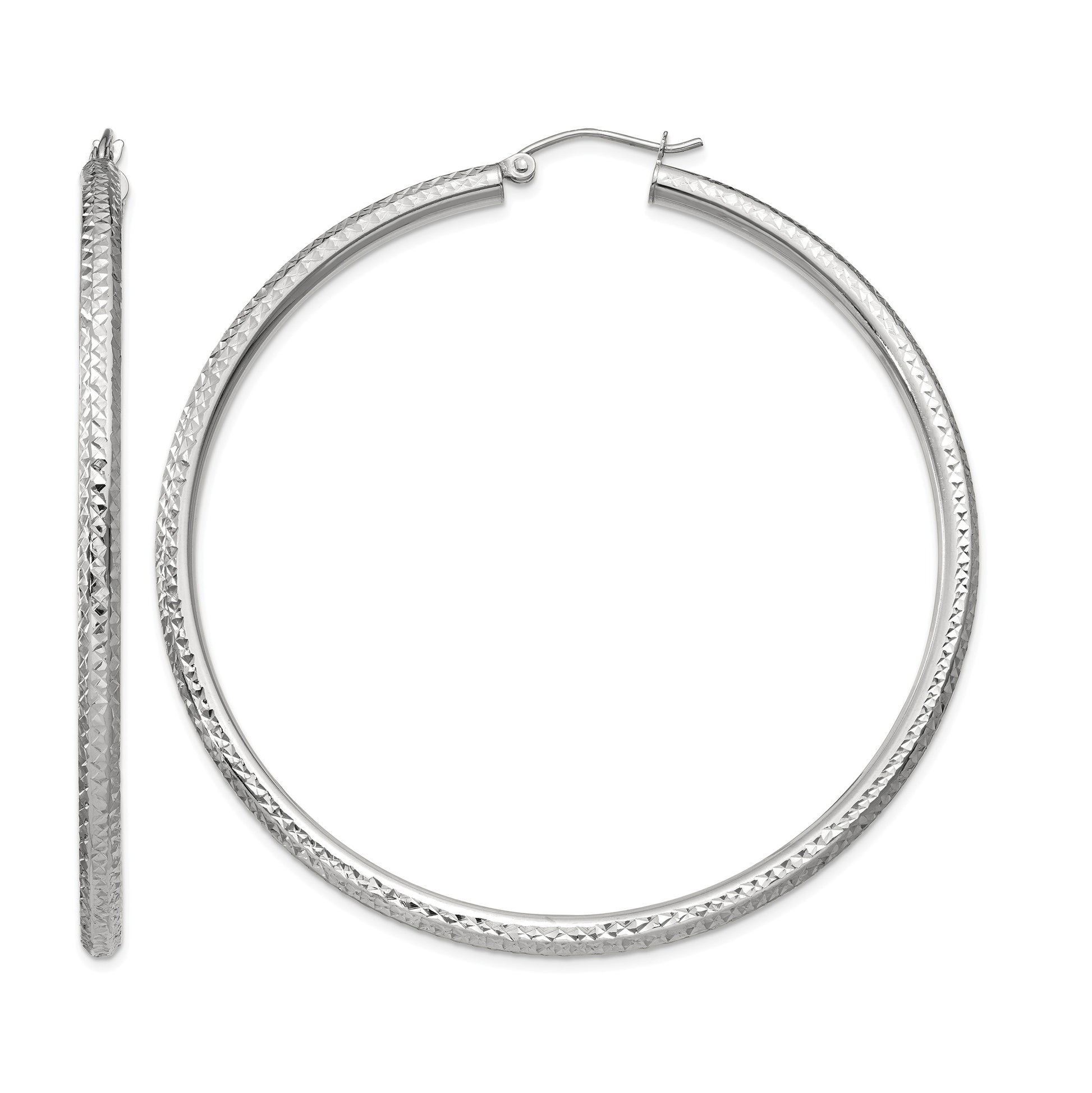 14k White Gold 3x60mm Diamond-cut Round Tube Hoop Earrings
