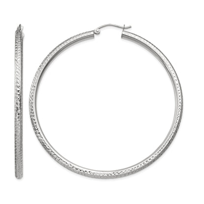 14k White Gold 3x60mm Diamond-cut Round Tube Hoop Earrings